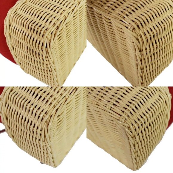 PRADA Logo Plage Wicker 2Way Shoulder Hand Bag Canvas Leather Red Gold 678RH125 - Picture 7 of 15